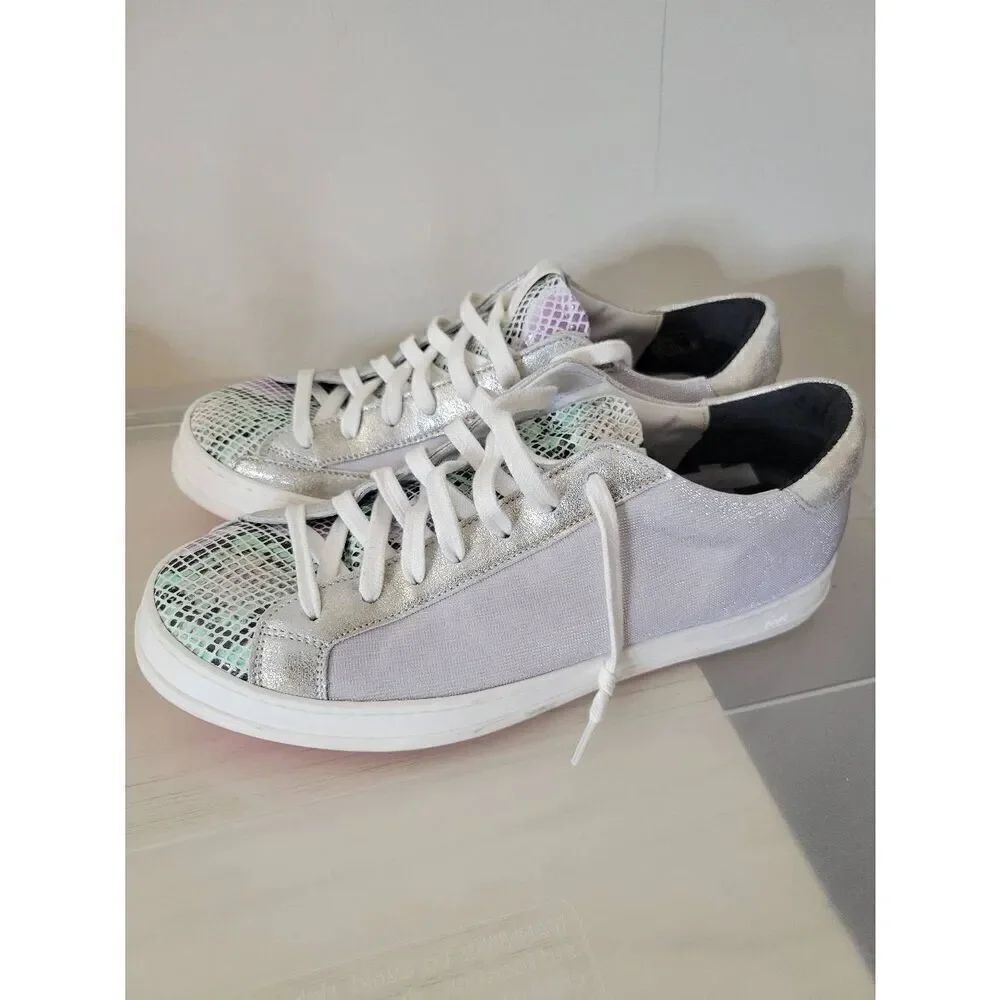 P448 John Sneaker Metallic Silver Pearl Low Top Shoes Snakeskin Sz 40, 9.5
